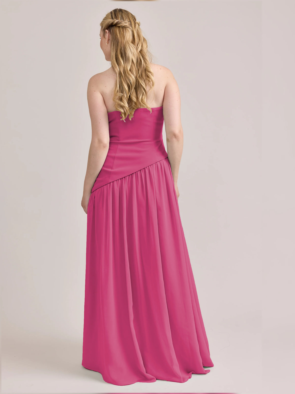 Hot Pink maxi bridesmaid dress, alternate view showing the dress shape and hem