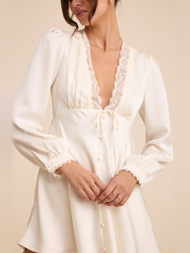 Ivory mini homecoming dress, alternate view showing the dress shape and hem