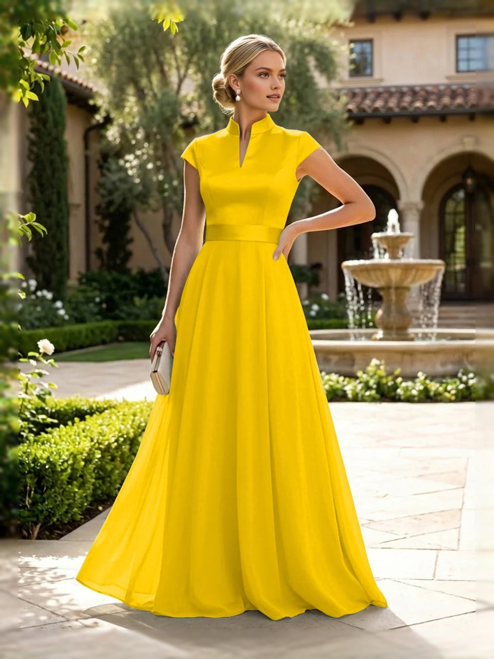 Yellow floor-length mother of the bride dress, alternate view showing the dress shape and hem