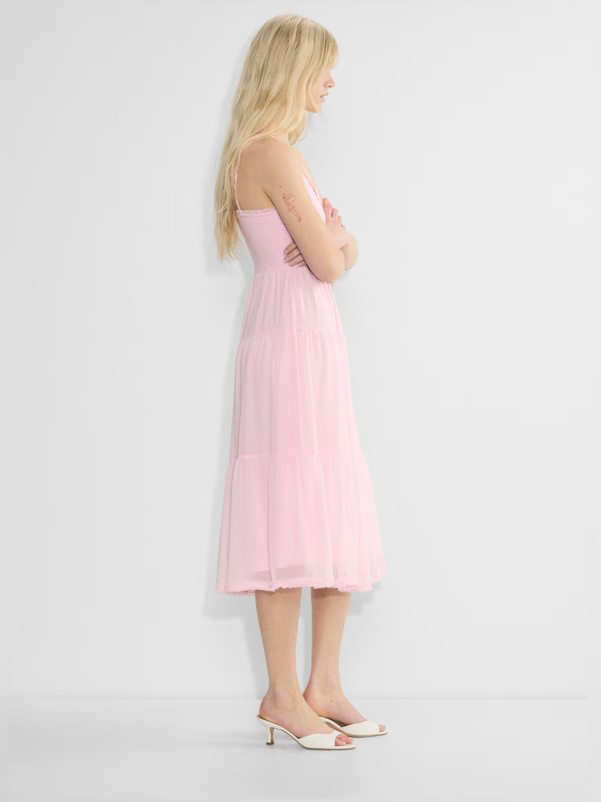 pink midi formal dress with tiered skirt, alternate view showing the bodice