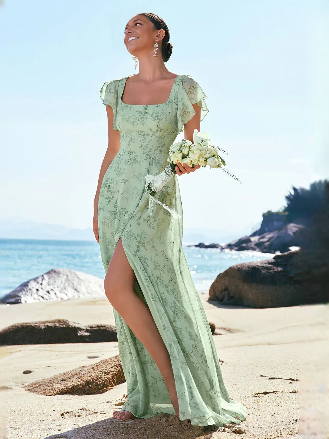 Mint Green maxi bridesmaid dress, alternate view showing the dress shape and hem
