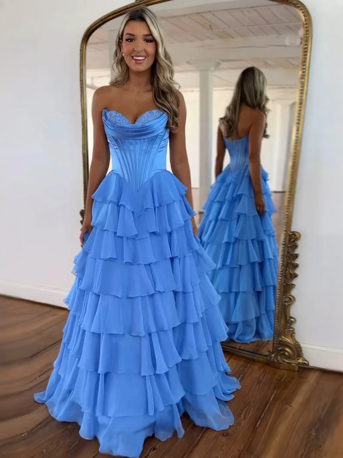 Blue floor-length prom dress, alternate view showing the dress shape and hem