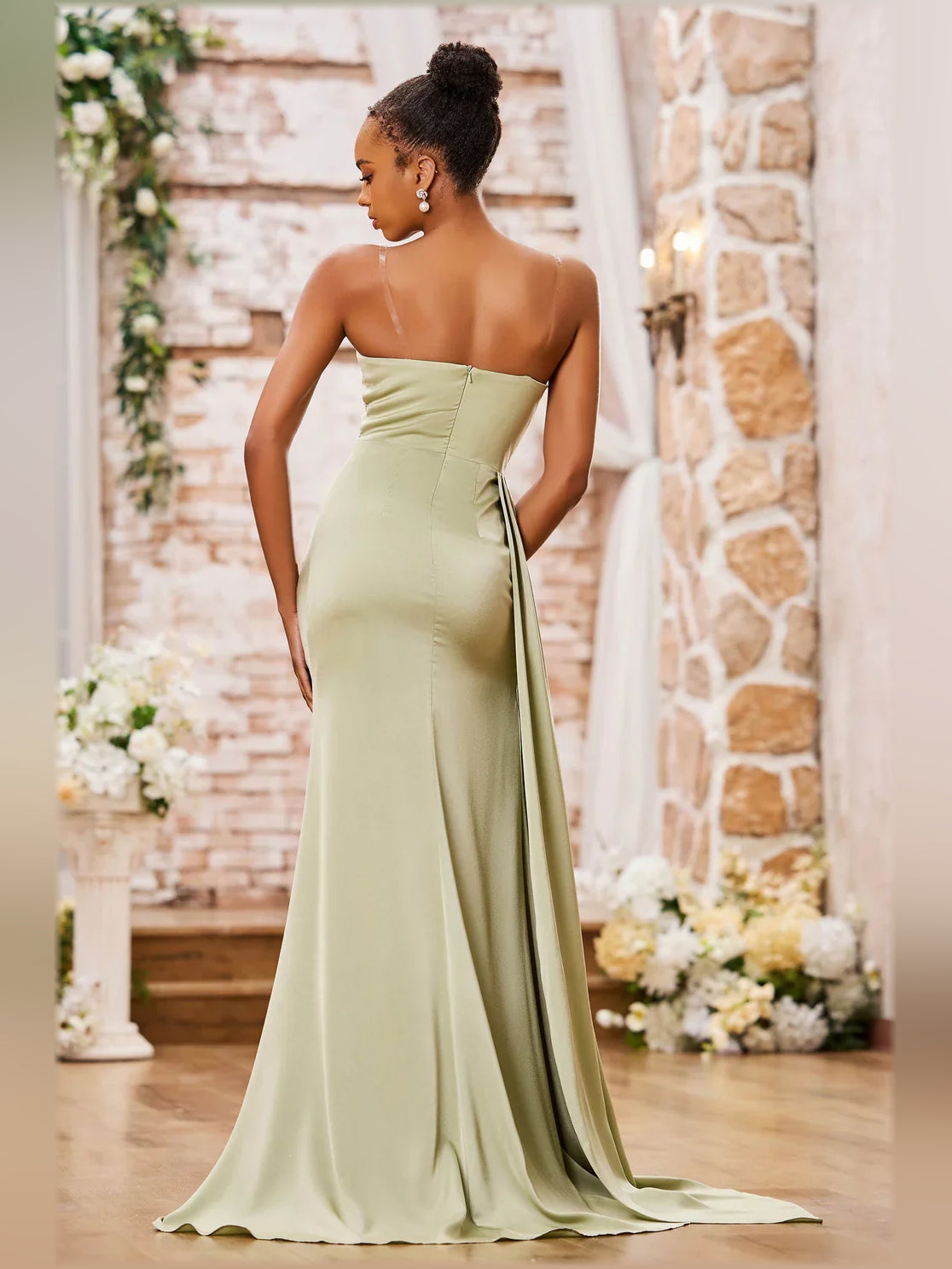 Sage Green mermaid floor-length formal dress with draping, alternate view