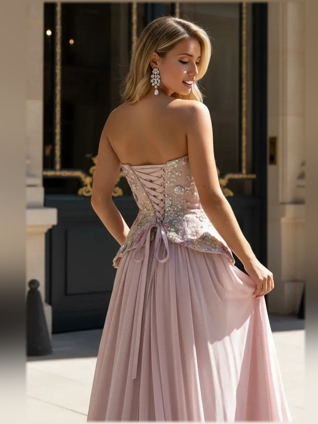 Dusty Pink a-line floor-length formal dress with floral print, alternate view