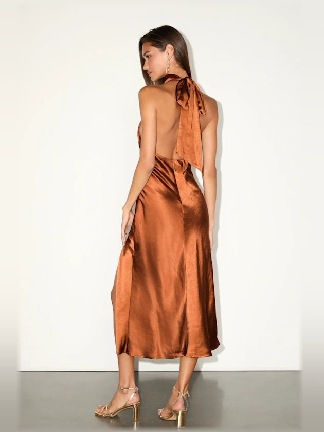 Rust midi formal dress with halter neckline, alternate view showing the bodice