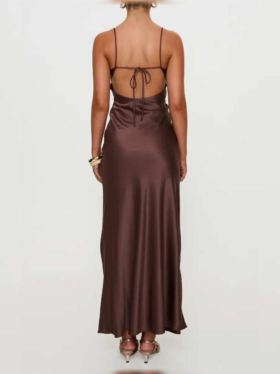 Chocolate floor-length formal dress with draping, alternate view showing the bodice