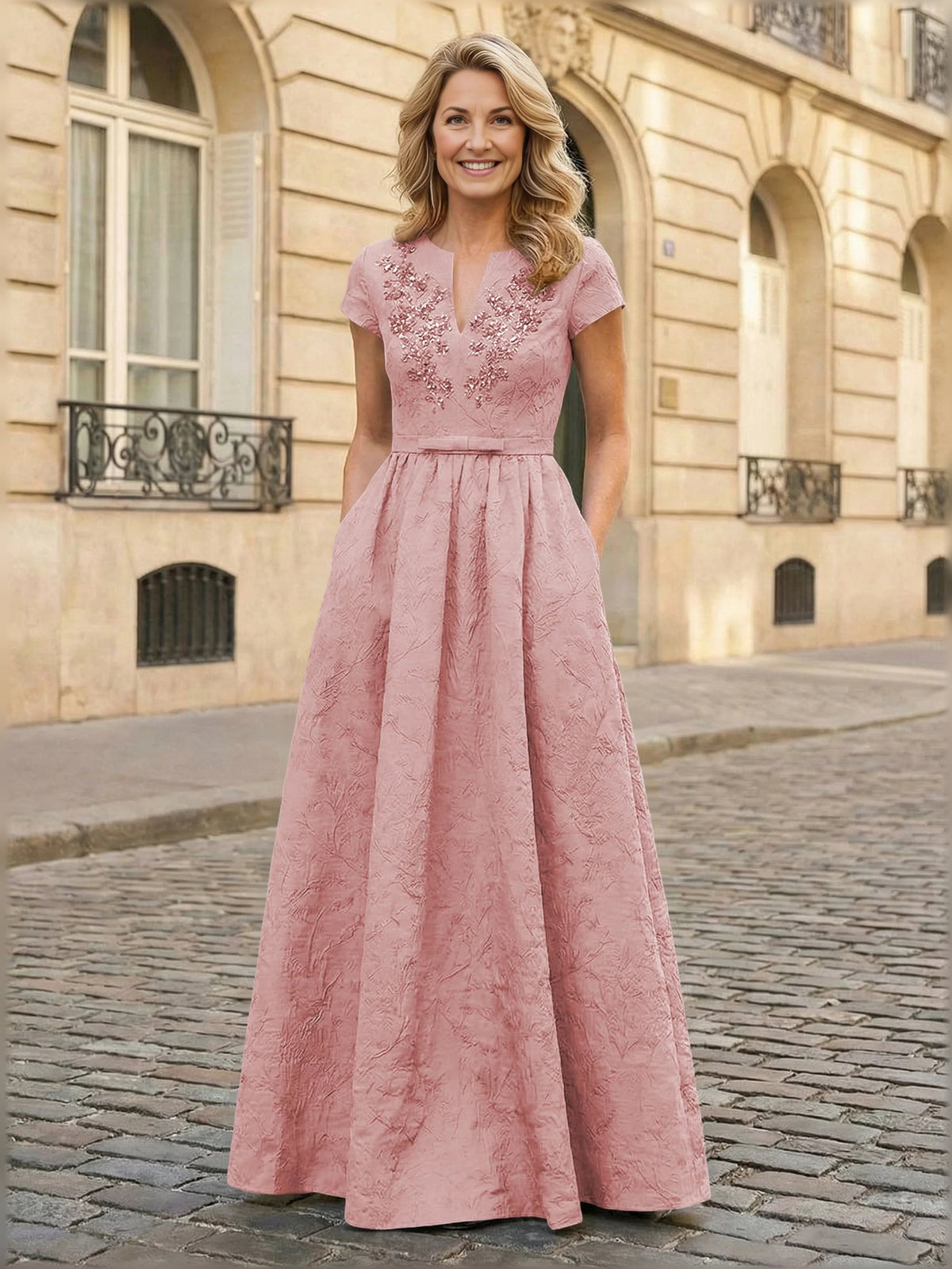 Blush Pink floor-length mother of the bride dress, alternate view showing the dress shape and hem