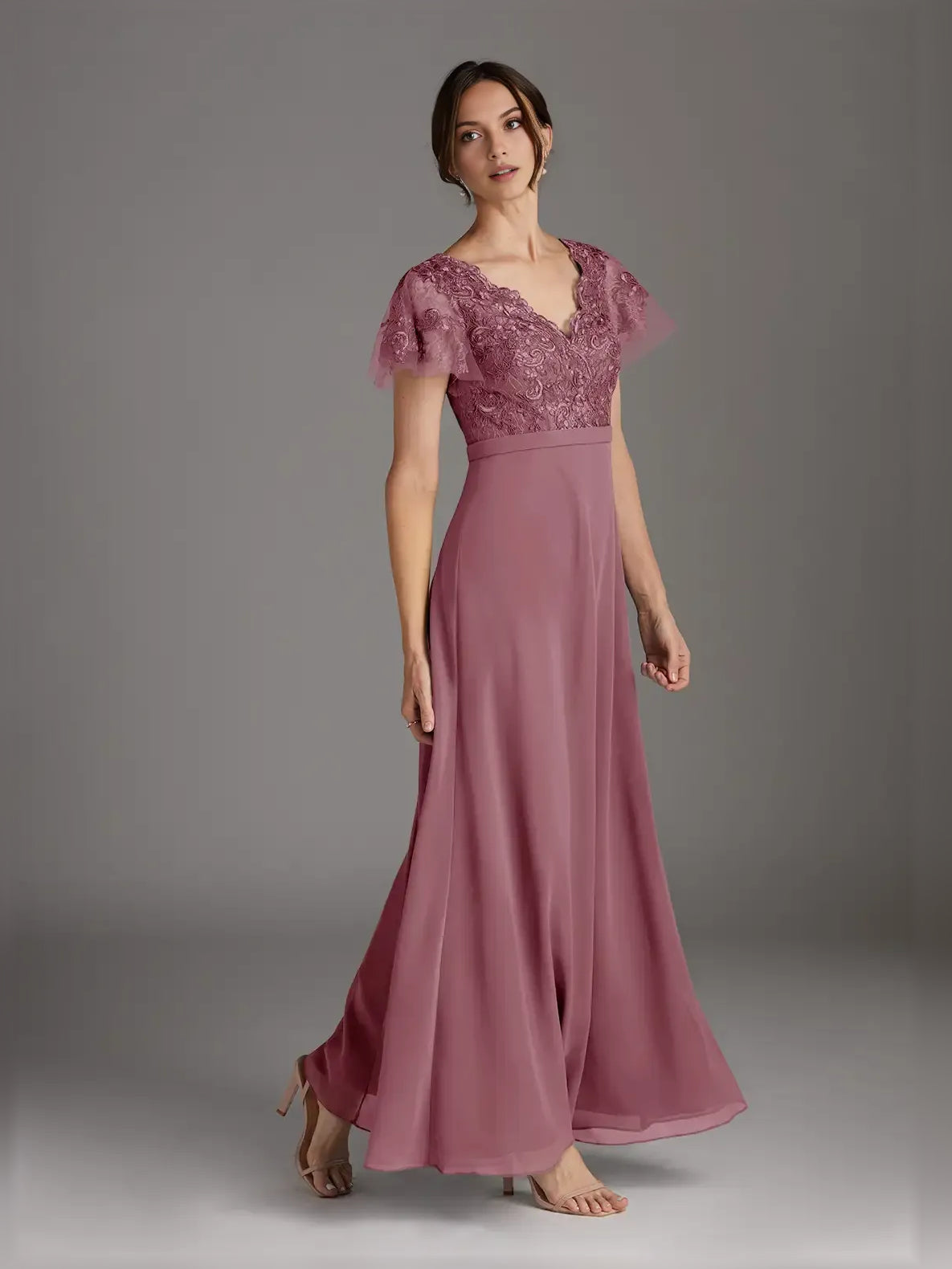 Dusty Pink floor-length mother of the bride dress, alternate view showing the dress shape and hem