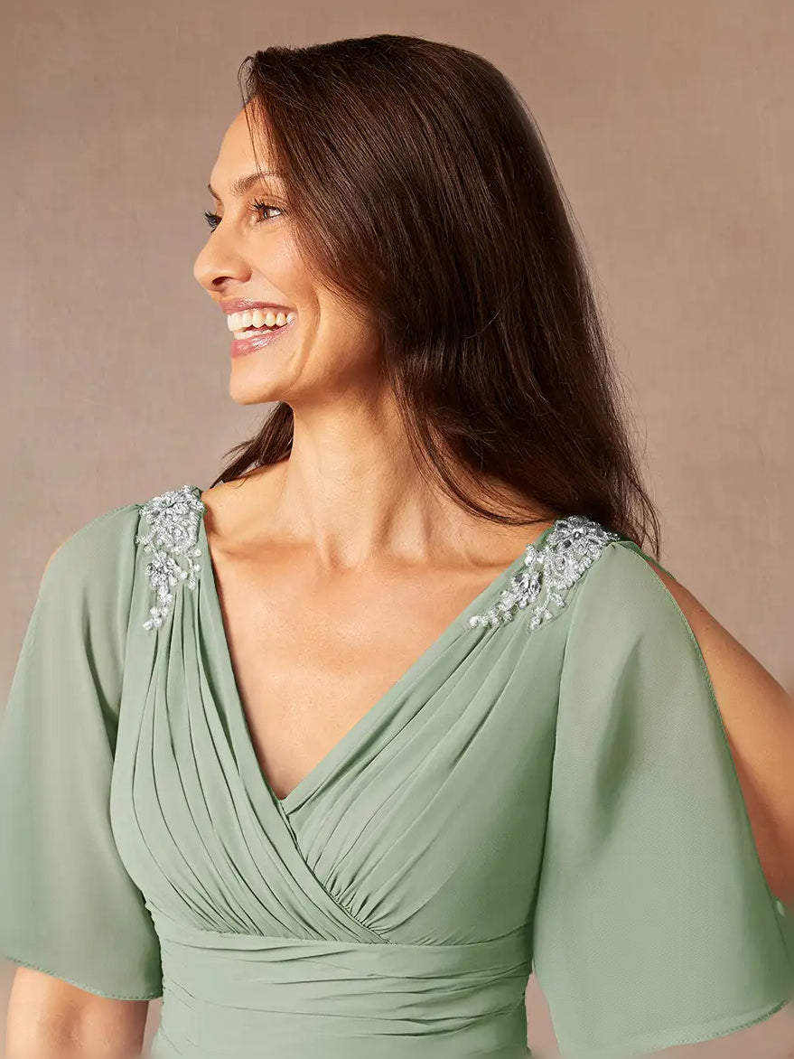Dusty Sage midi mother of the bride dress, alternate view showing the dress shape and hem