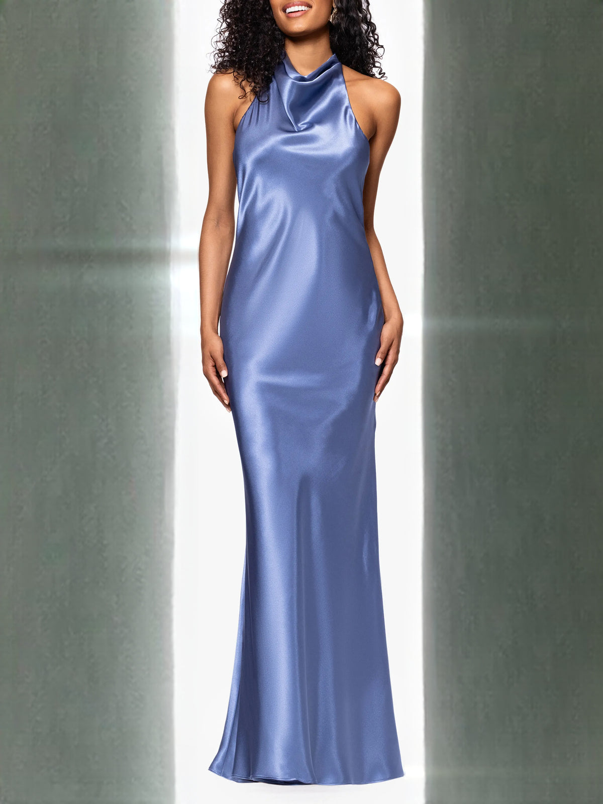 Blue mermaid floor-length formal dress with bow detail, alternate view