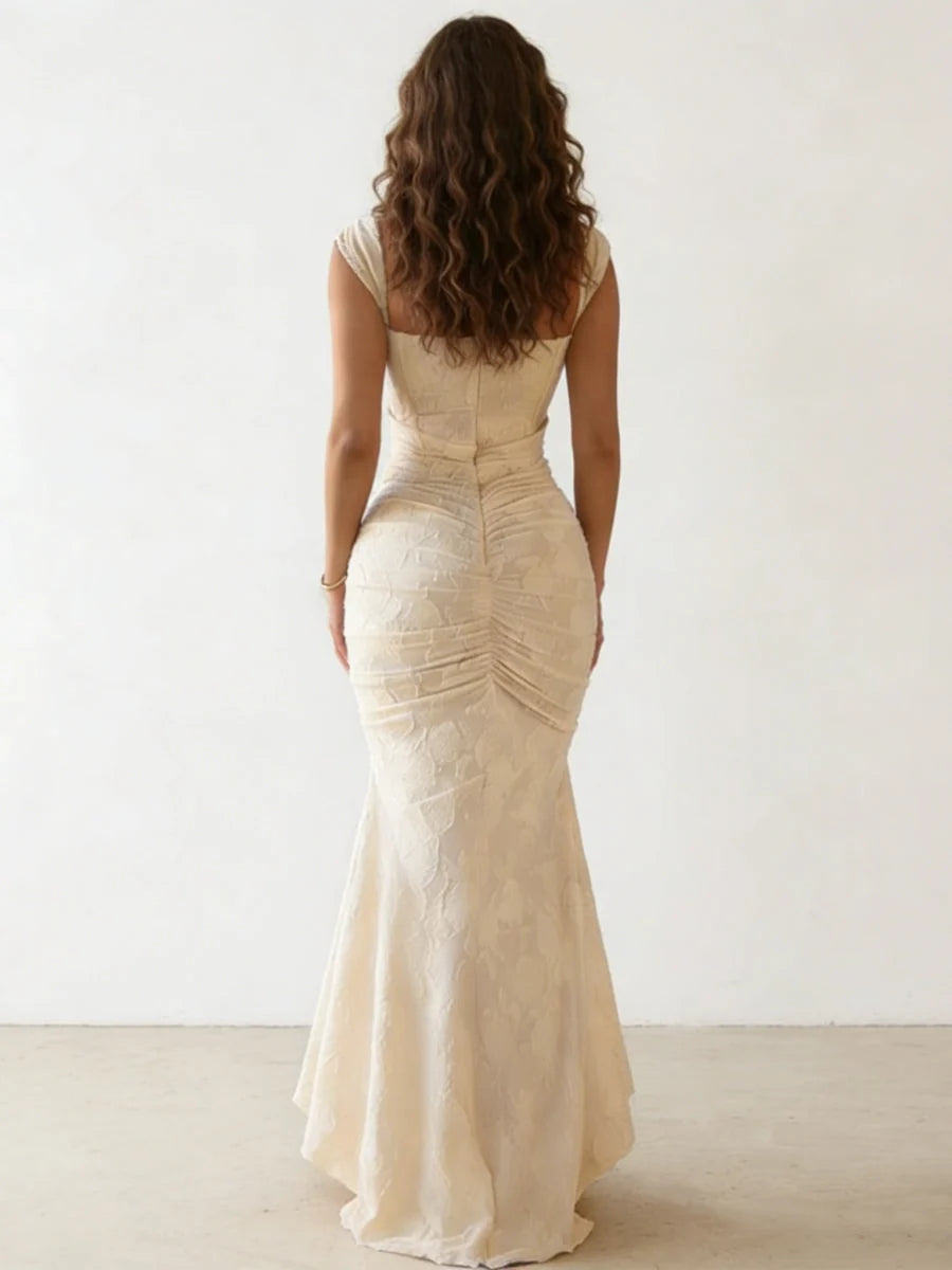White mermaid midi formal dress with bow detail, alternate view