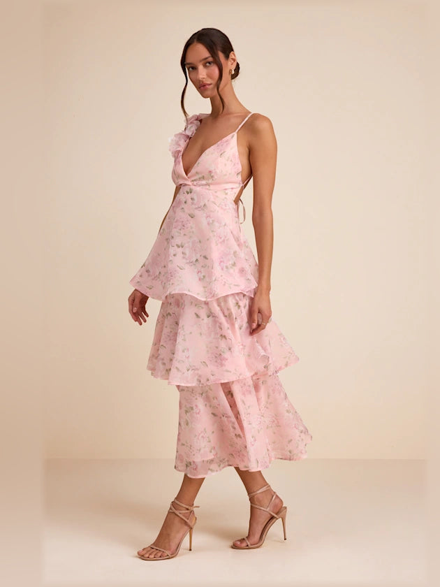 Light Pink Floral midi formal dress with floral print, alternate view