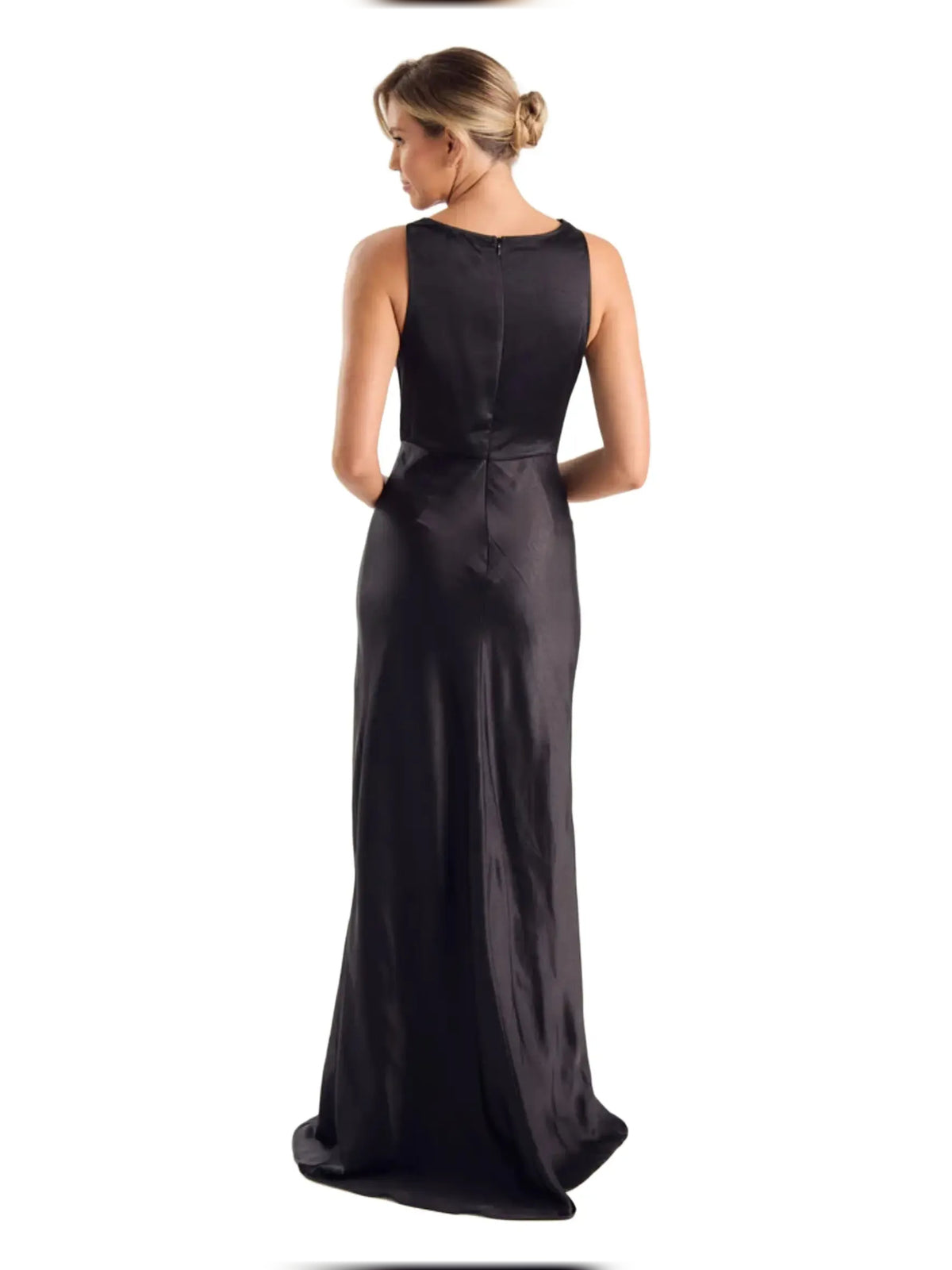 Black sheath floor-length formal dress with cowl neckline, alternate view showing the bodice
