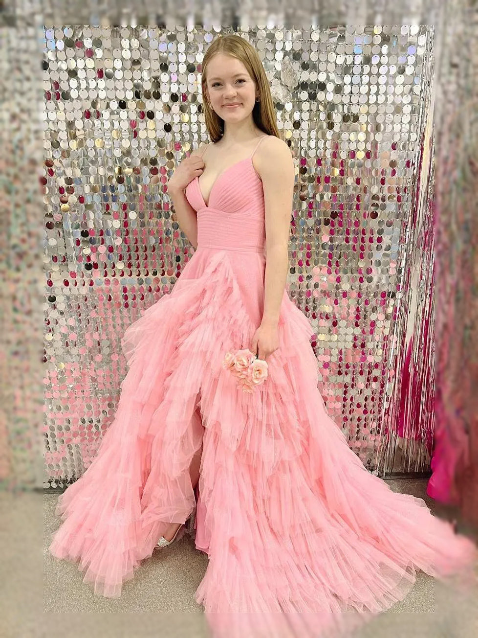 Pink maxi prom dress, alternate view showing the dress shape and hem