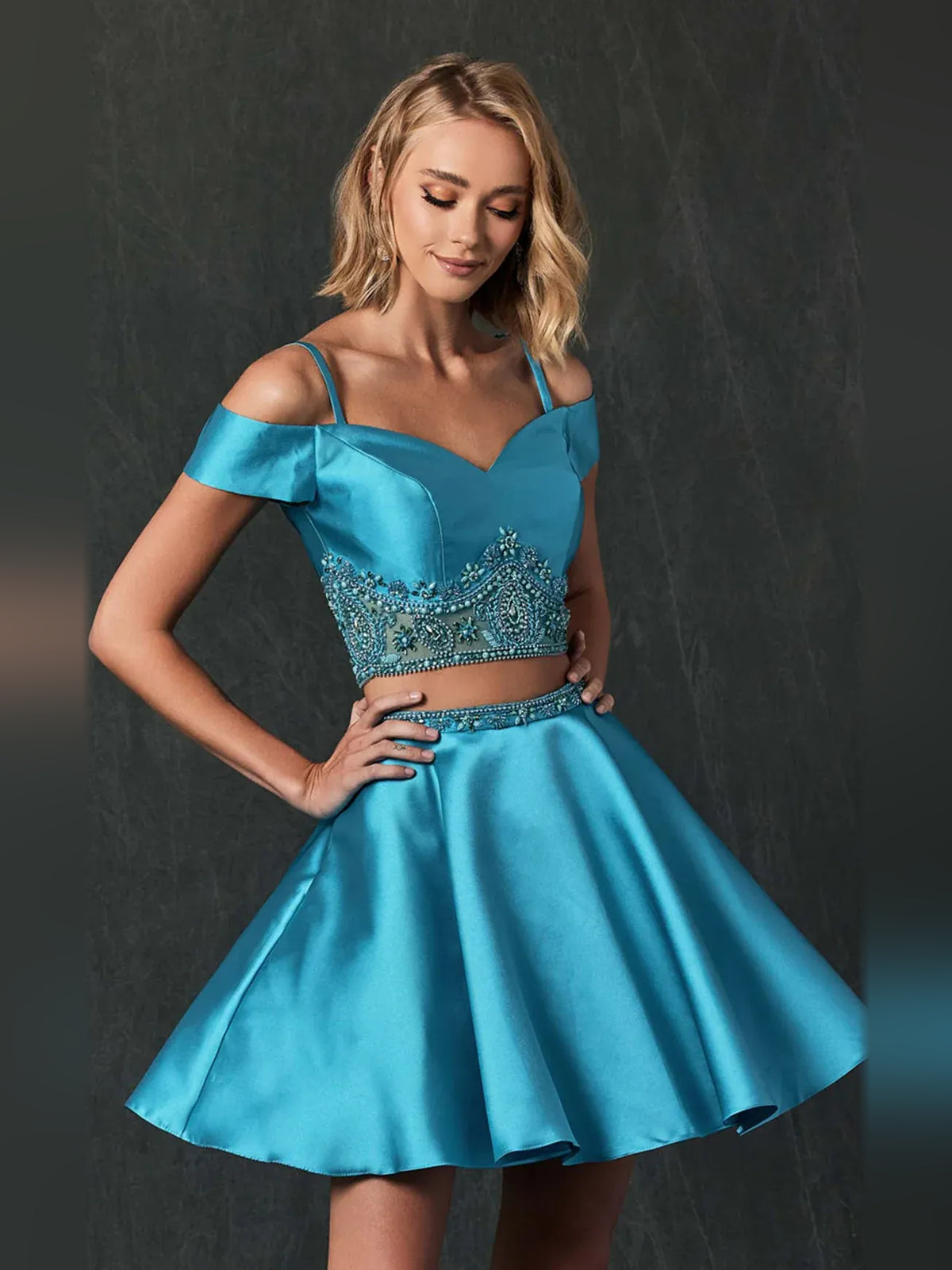Jade short homecoming dress, alternate view showing the dress shape and hem