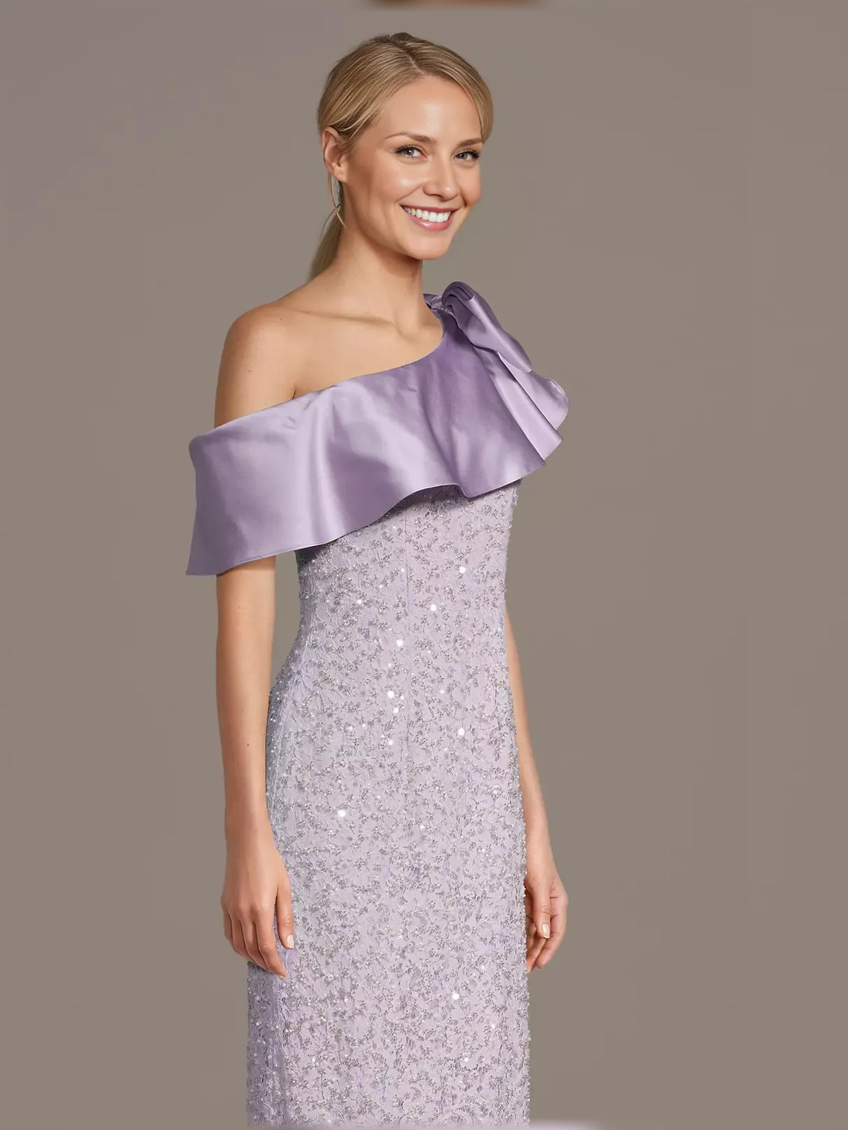 Lilac floor-length mother of the bride dress, alternate view showing the dress shape and hem