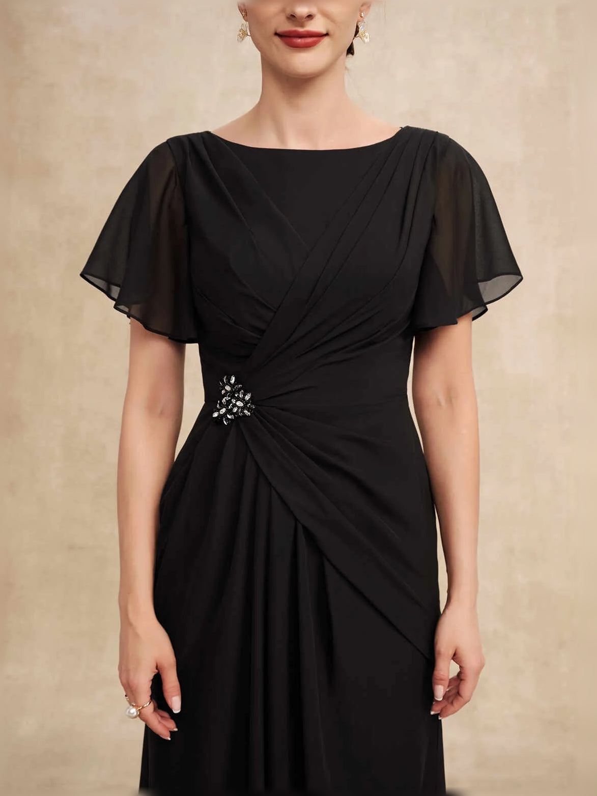 Black maxi mother of the bride dress, alternate view showing the dress shape and hem