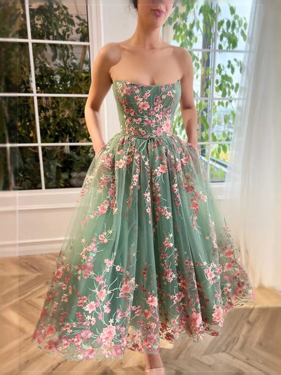 Emerald Green tea-length prom dress, alternate view showing the dress shape and hem