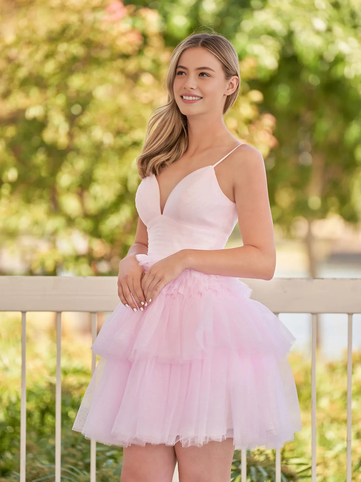 Blush Pink mini homecoming dress, alternate view showing the dress shape and hem
