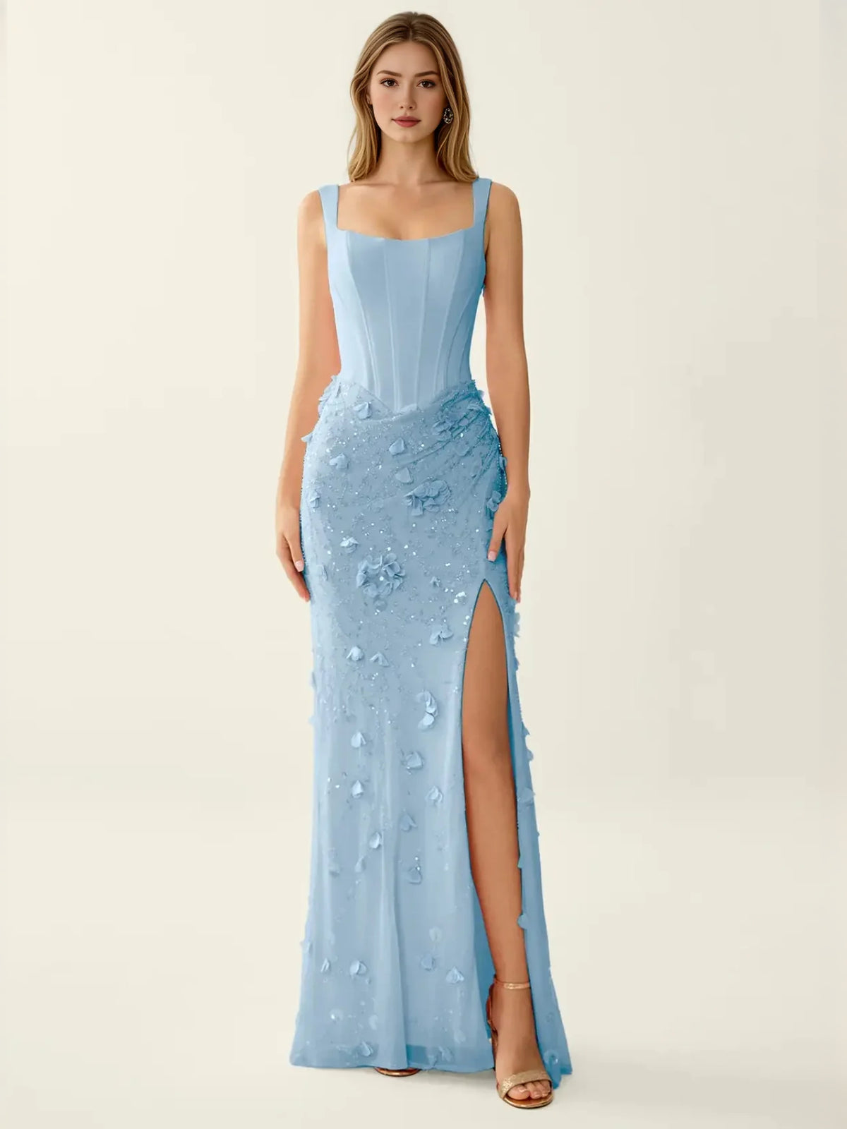 Light Blue maxi prom dress, alternate view showing the dress shape and hem