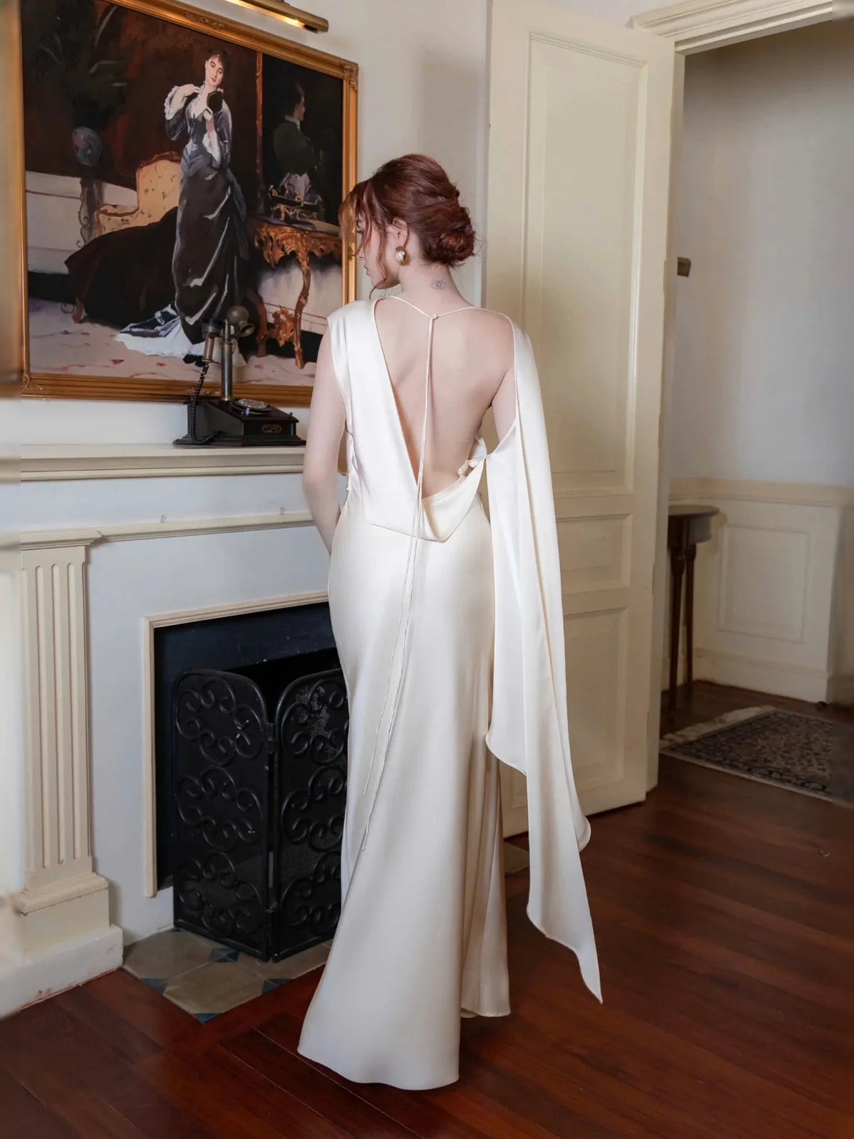 Ivory midi wedding dress, alternate view showing the dress shape and hem
