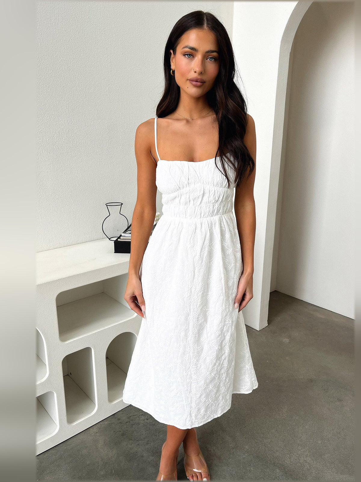White midi formal dress, alternate view showing the bodice