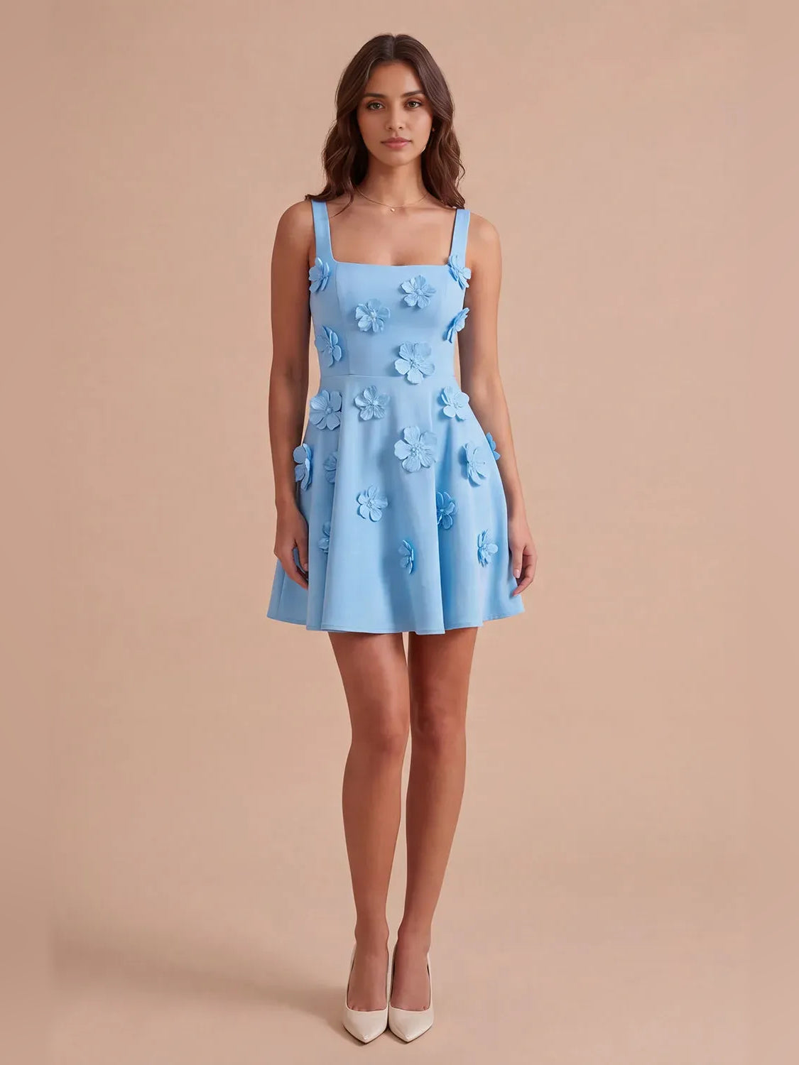 Blue mini homecoming dress, alternate view showing the dress shape and hem
