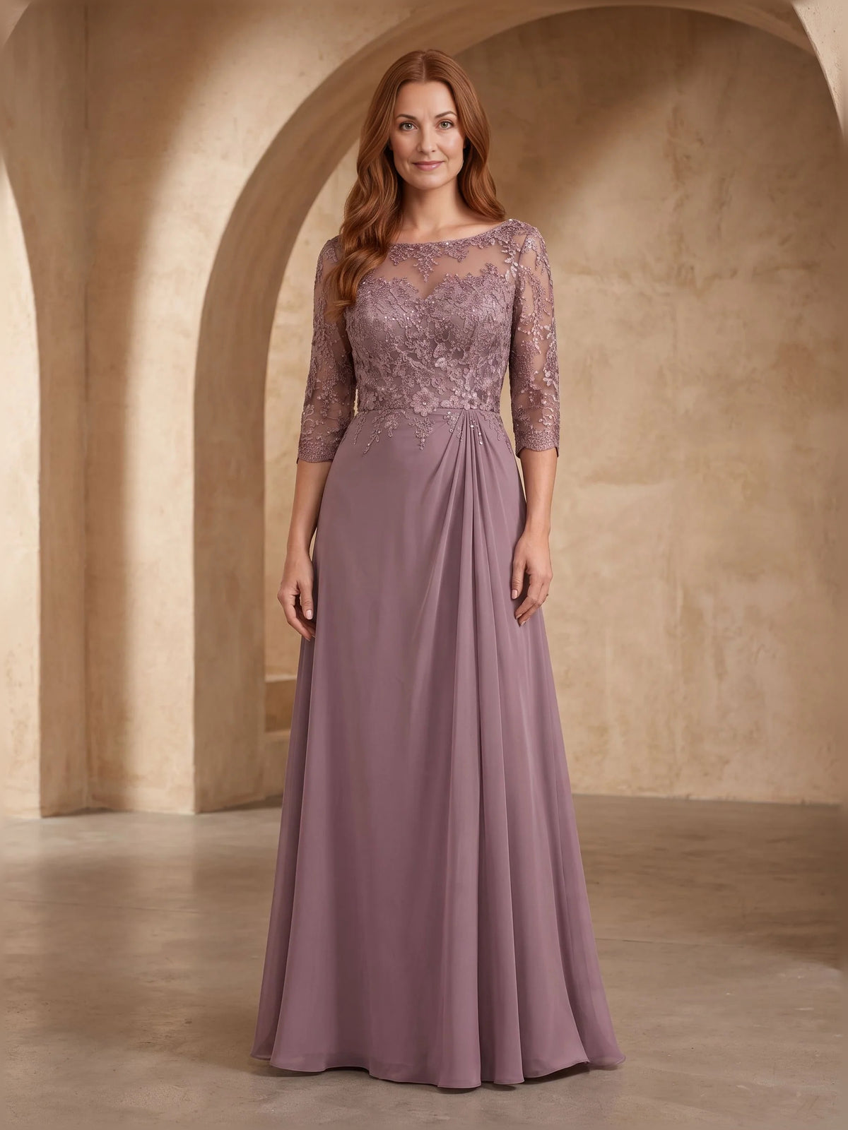 Dusty Rose maxi mother of the bride dress, alternate view showing the dress shape and hem