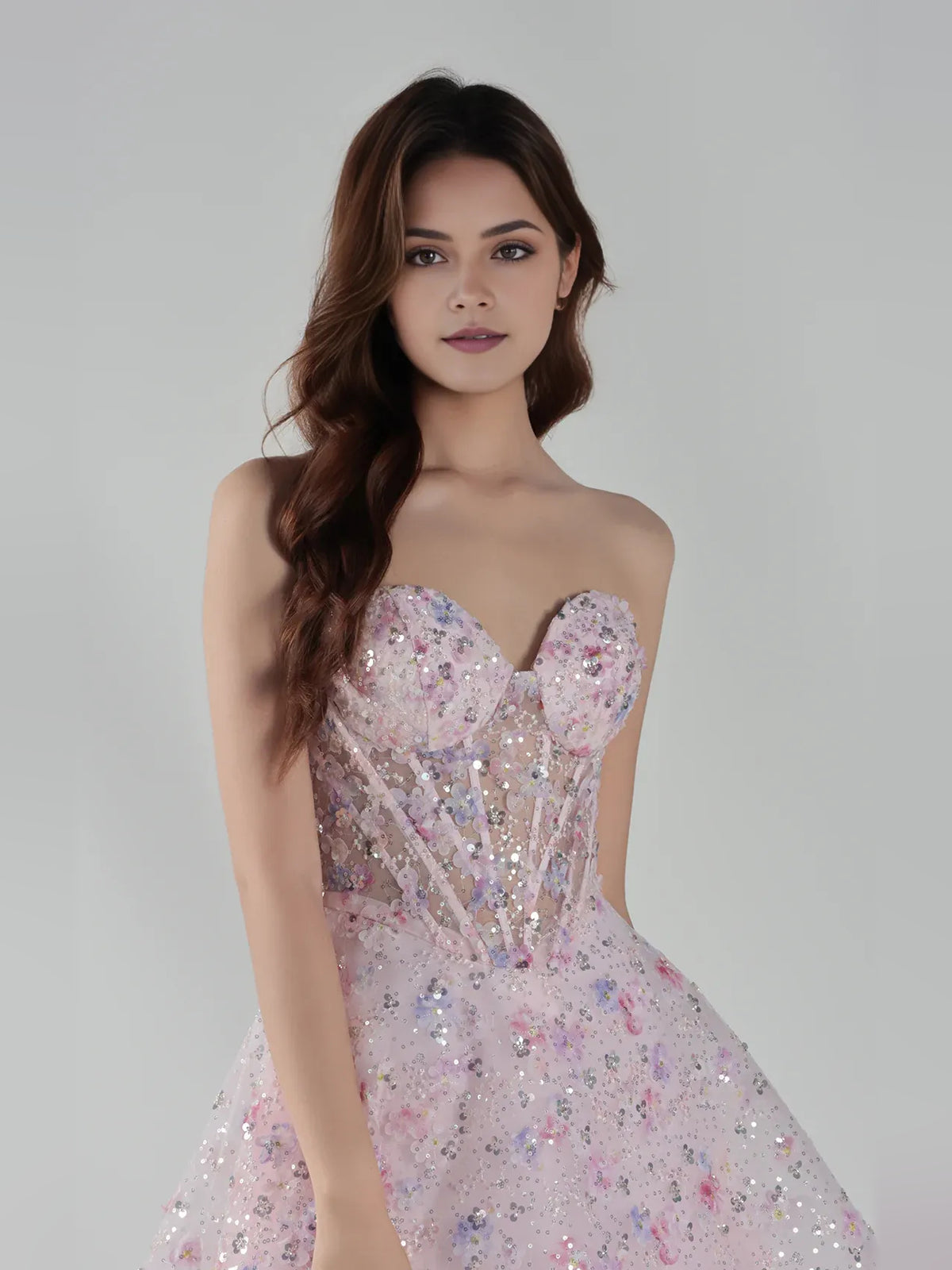 Light Pink mini homecoming dress, alternate view showing the dress shape and hem