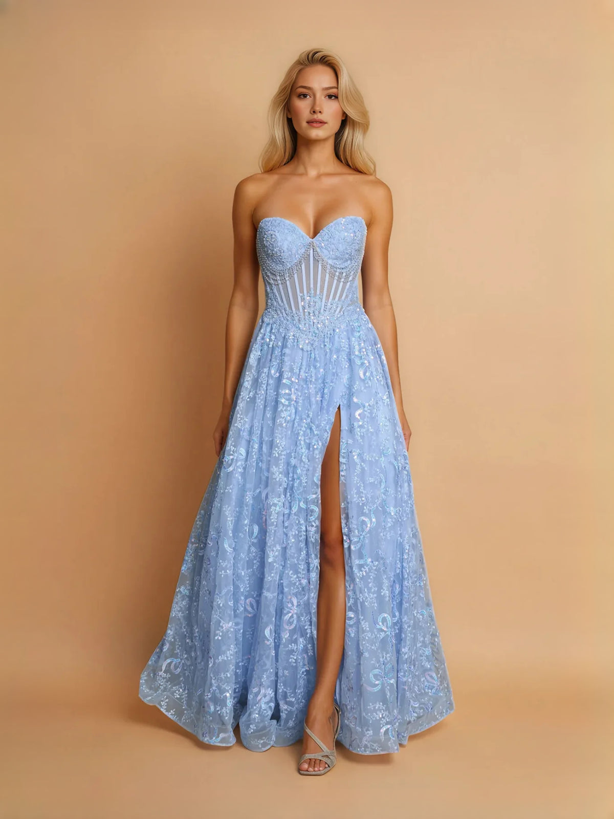 Light Blue maxi prom dress, alternate view showing the dress shape and hem