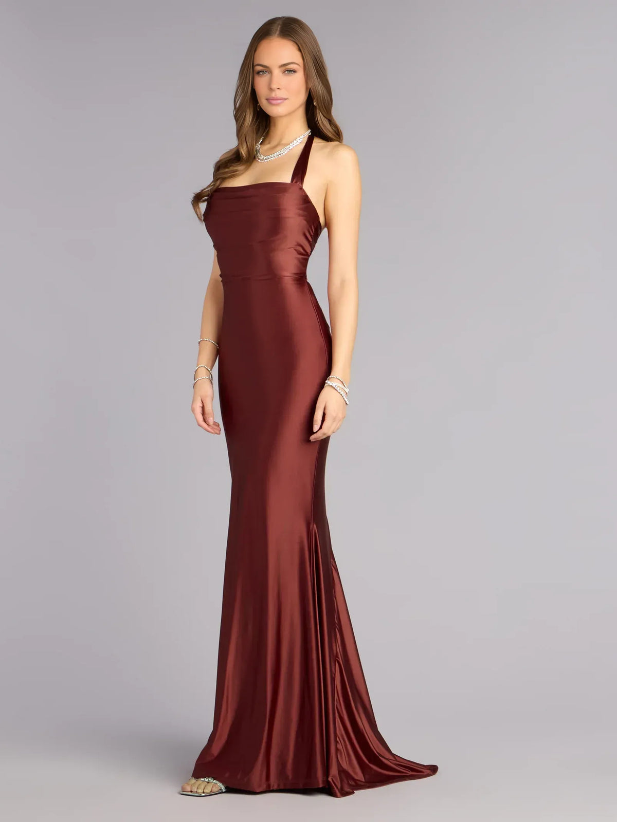 Brown mermaid floor-length formal dress with corset-style bodice, alternate view showing the bodice