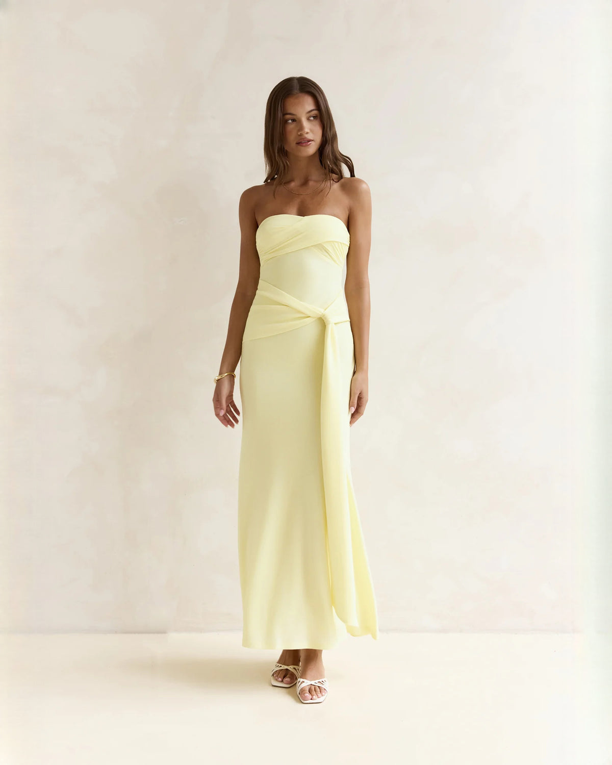 strapless satin a-line maxi bridesmaid dress - image 3