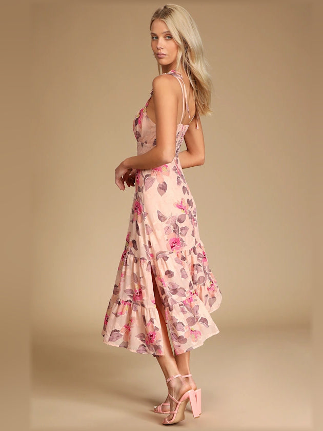 Pink Floral midi formal dress with floral print, alternate view