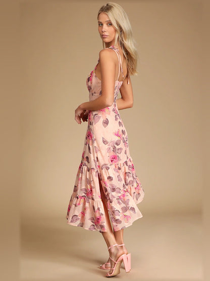 Pink Floral midi formal dress with floral print, alternate view