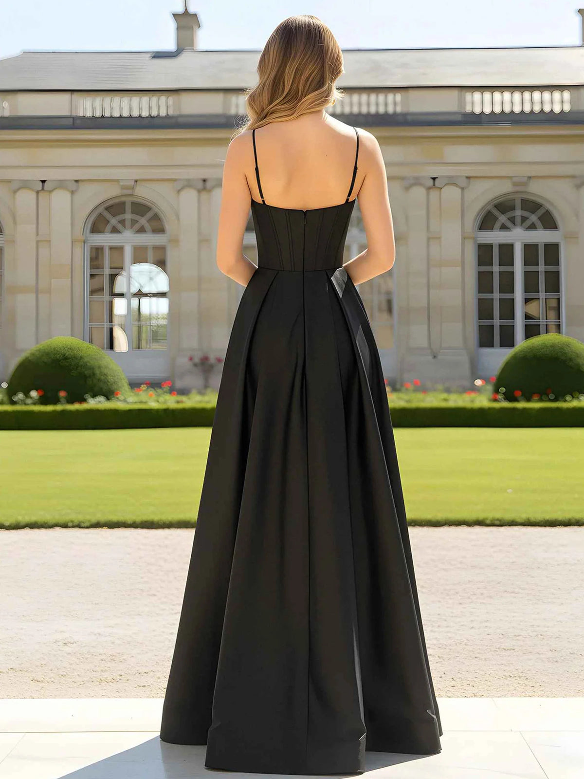 Black floor-length prom dress, alternate view showing the dress shape and hem