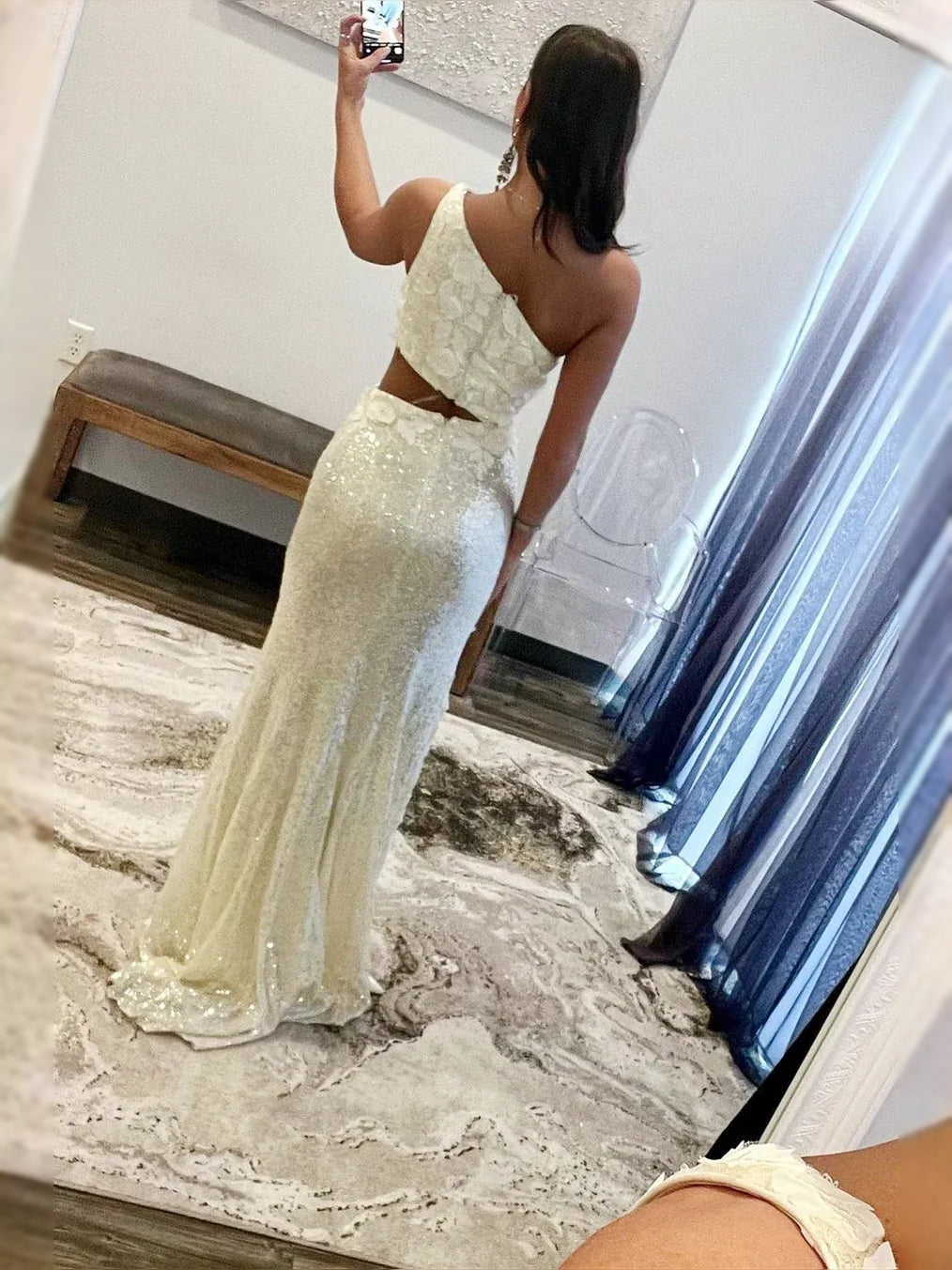 Ivory maxi prom dress, alternate view showing the dress shape and hem