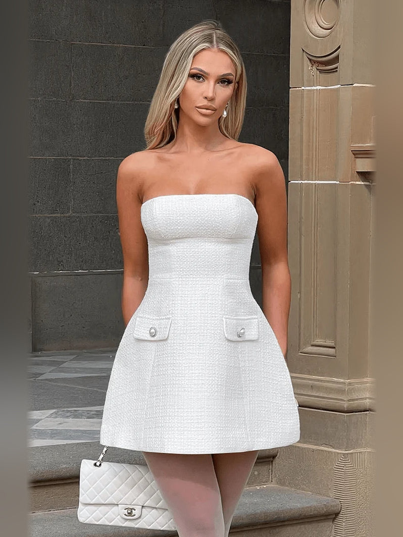 Ivory mini homecoming dress, alternate view showing the dress shape and hem