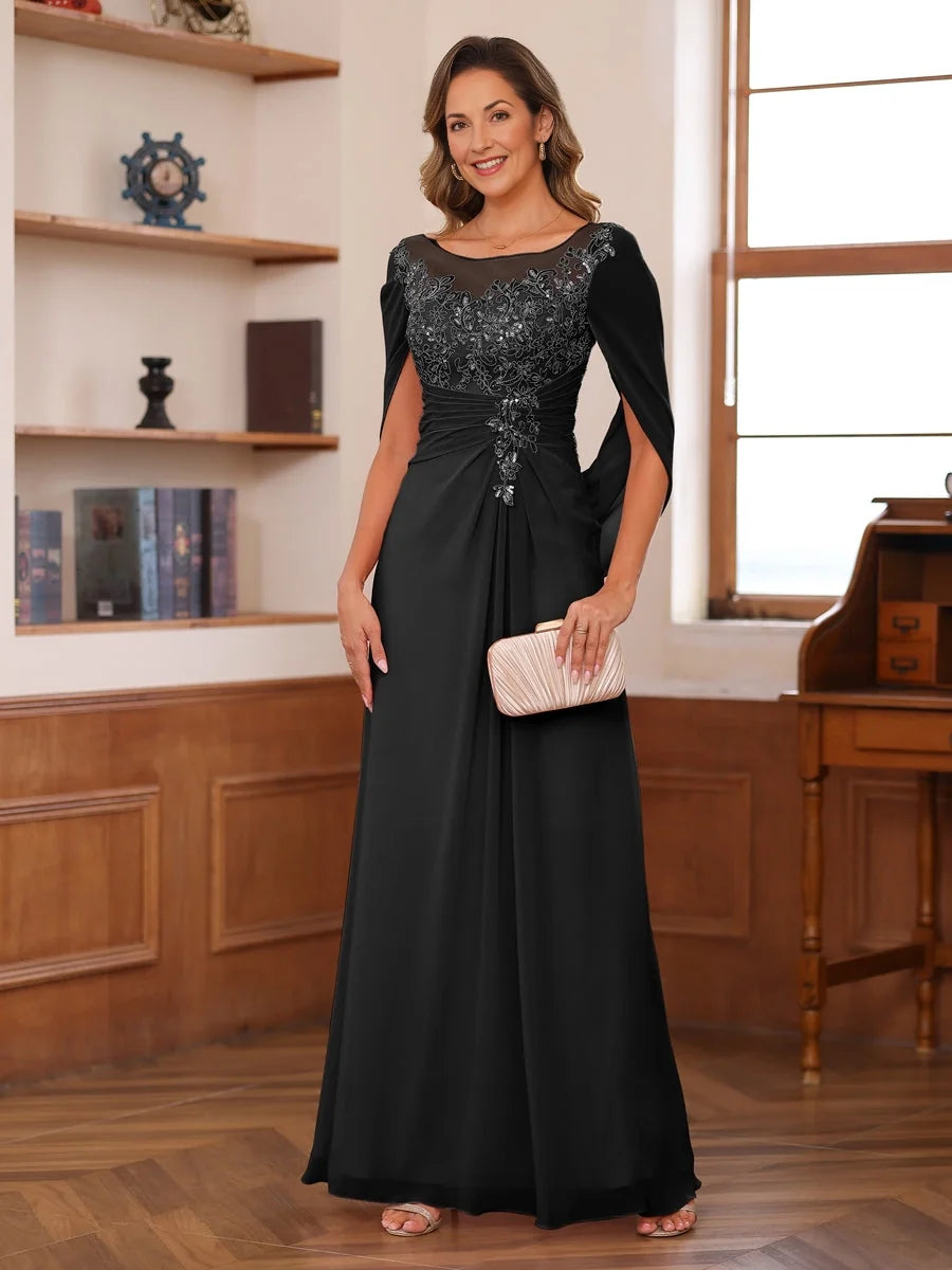 Black maxi mother of the bride dress, alternate view showing the dress shape and hem