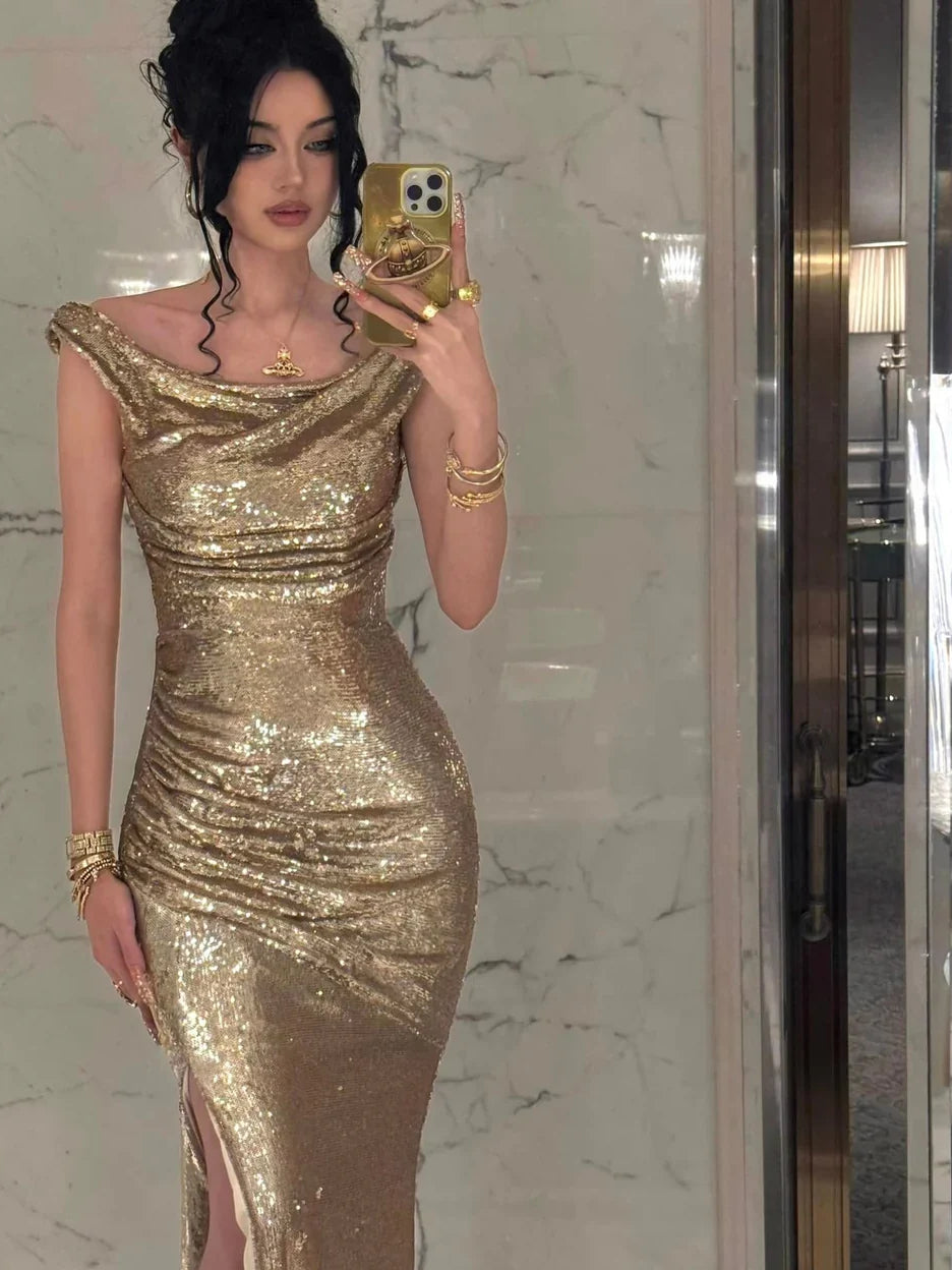 Yellow mermaid floor-length formal dress with sequins, alternate view showing the bodice