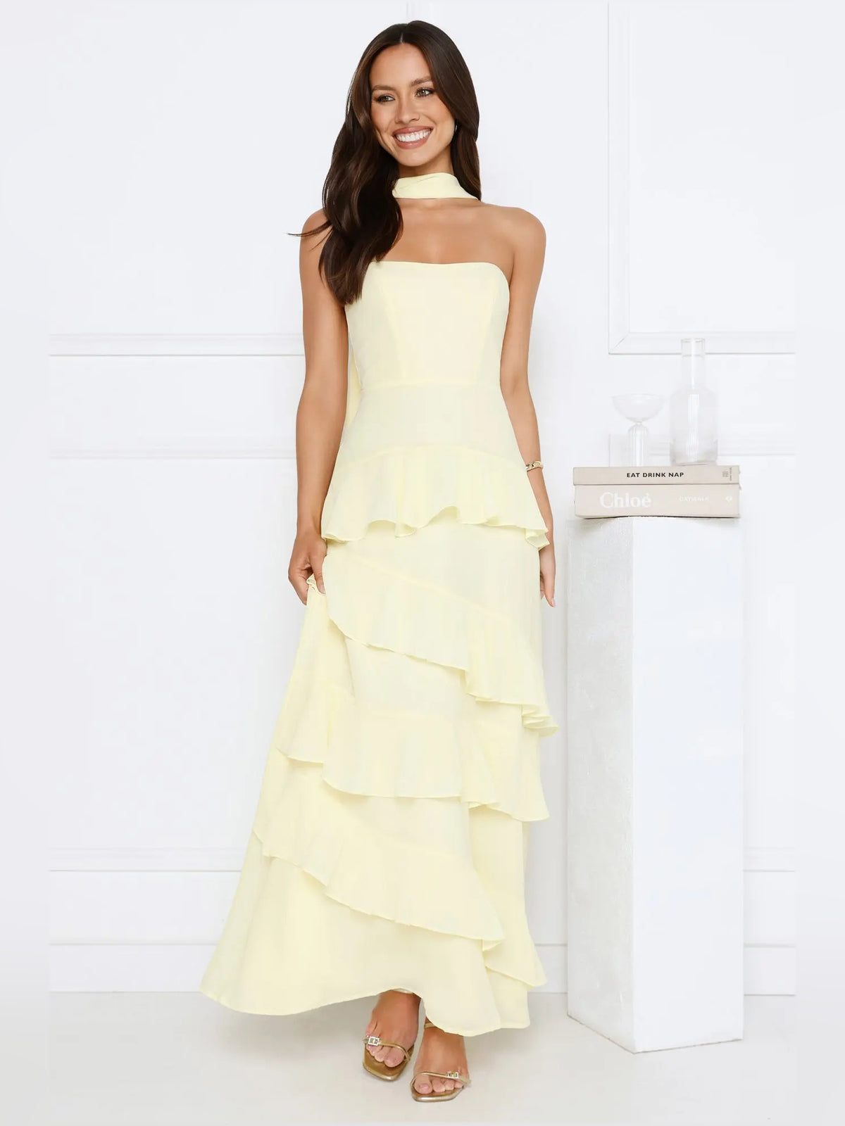 Yellow a-line maxi formal dress with tiered skirt, alternate view