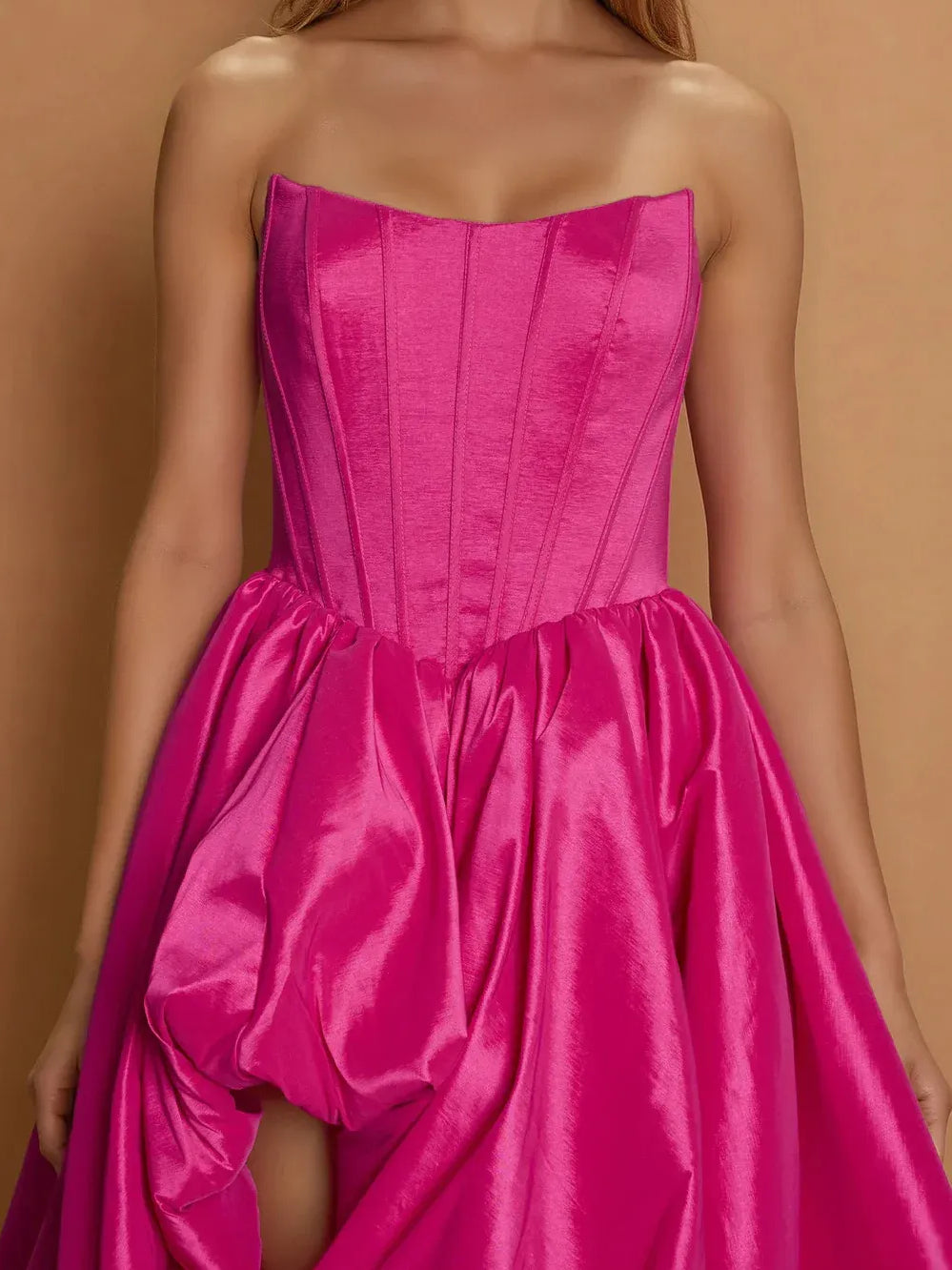 Fuchsia a-line floor-length formal dress with ruffle details, alternate view
