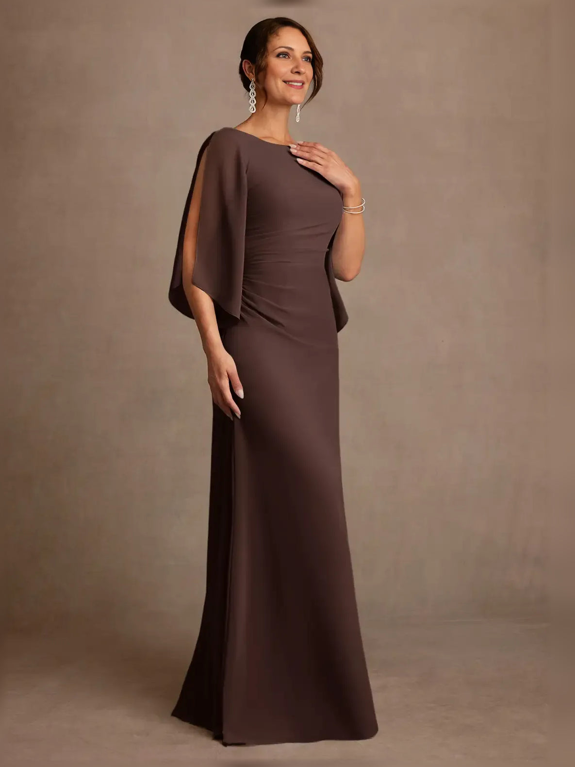 Chocolate floor-length mother of the bride dress, alternate view showing the dress shape and hem