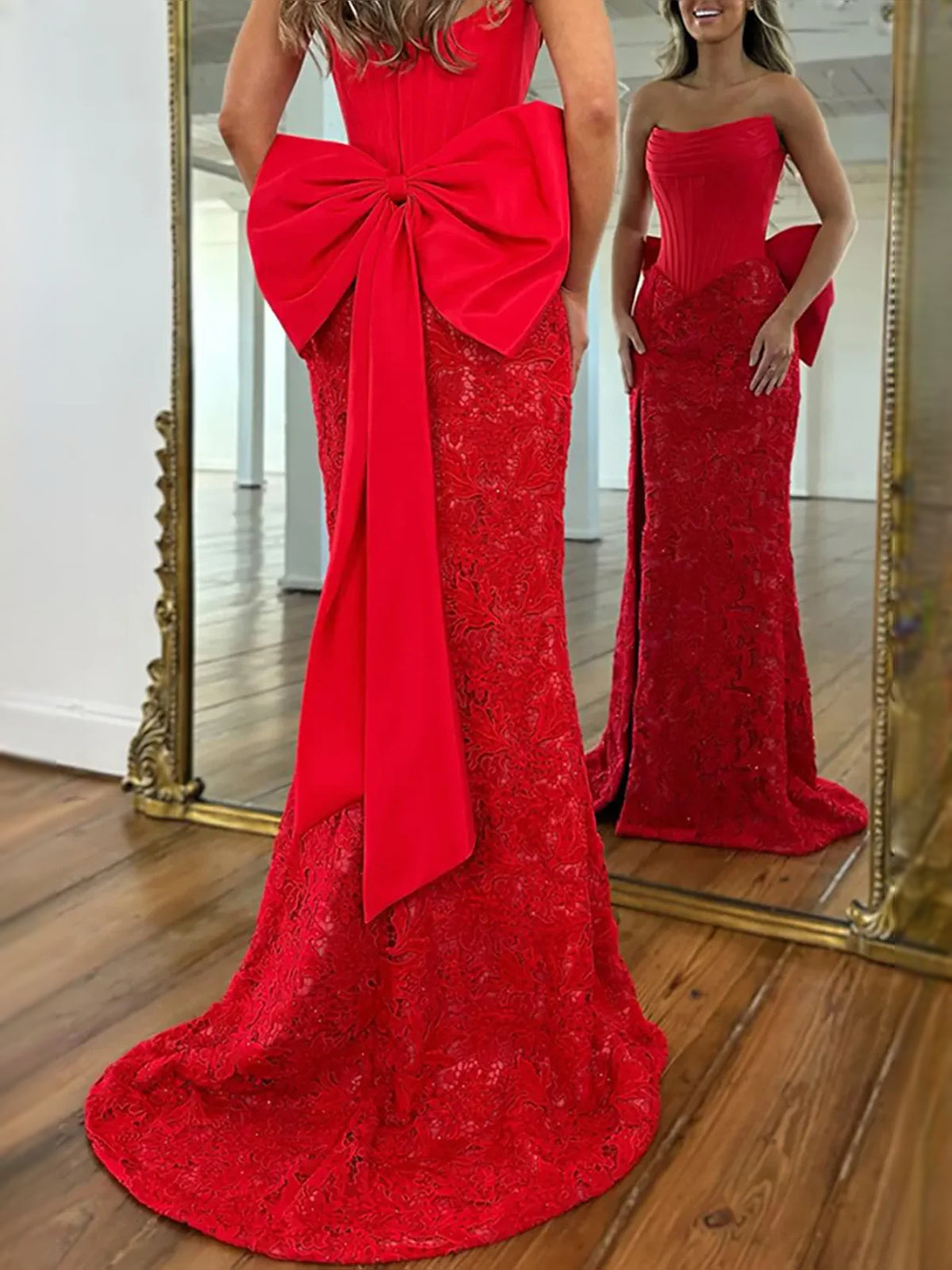 Red floor-length prom dress, alternate view showing the dress shape and hem