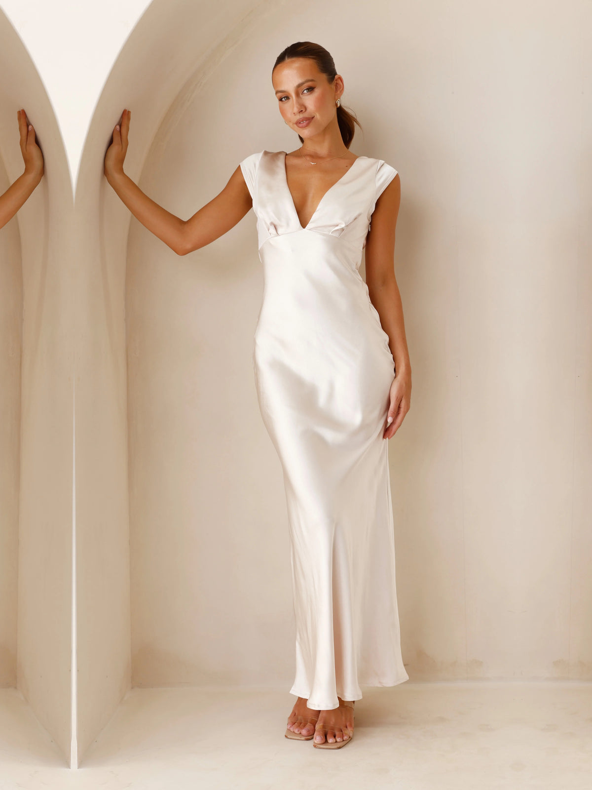 Champagne sheath maxi formal dress with V-neckline, alternate view