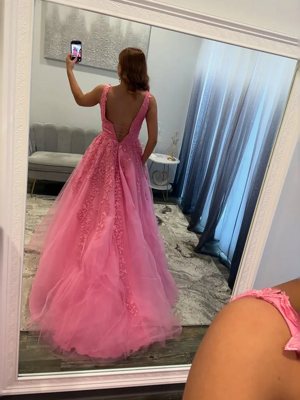 Pink floor-length prom dress, alternate view showing the dress shape and hem