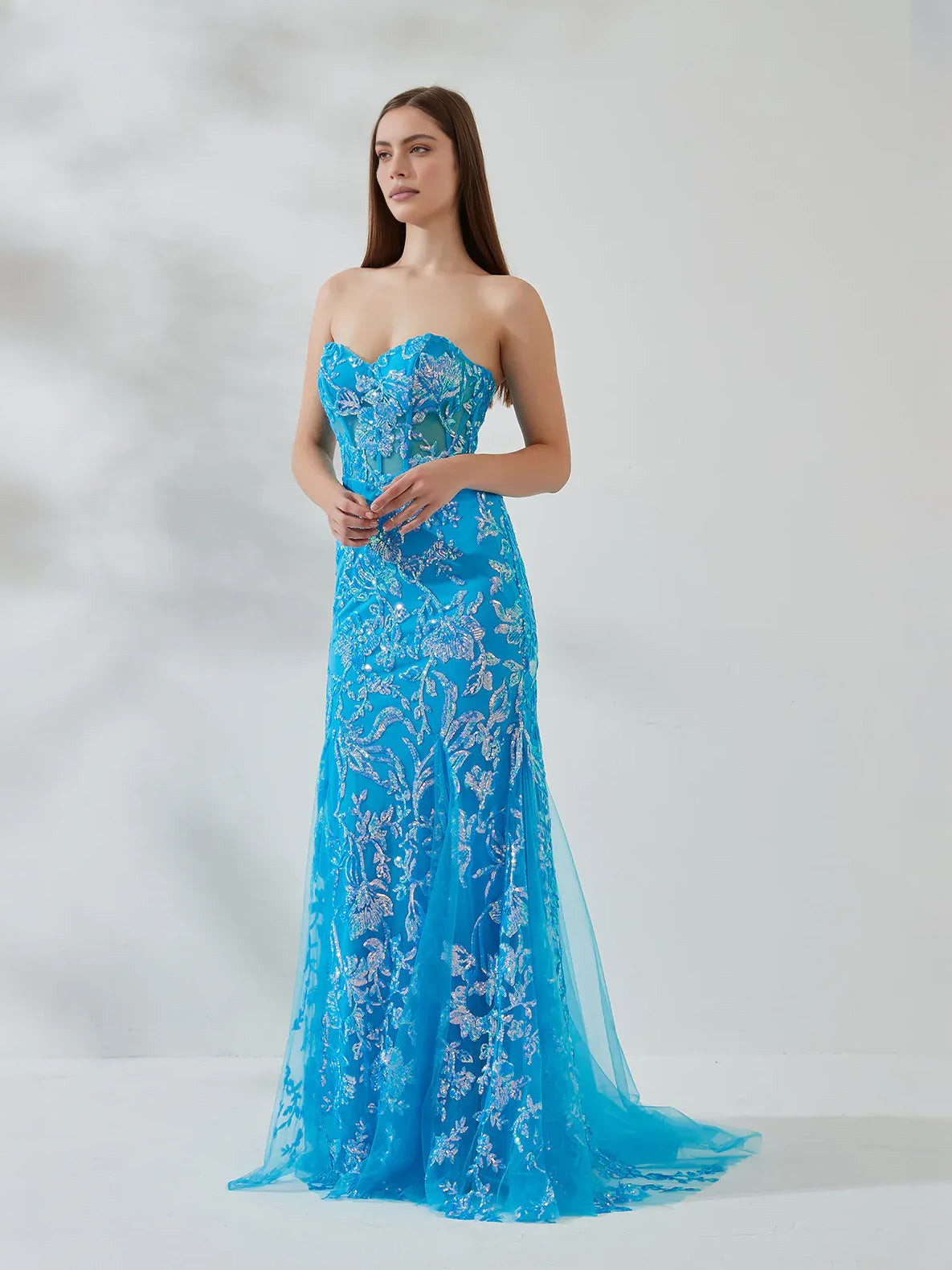 Ocean Blue floor-length prom dress, alternate view showing the dress shape and hem