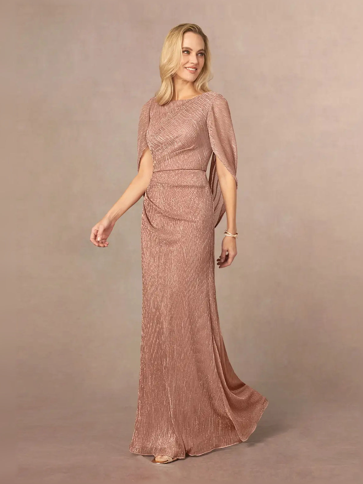Rose Gold maxi mother of the bride dress, alternate view showing the dress shape and hem