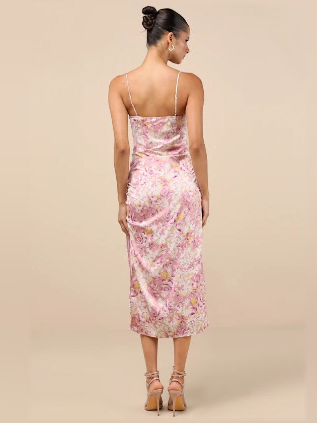Pink Floral midi formal dress with floral print, alternate view