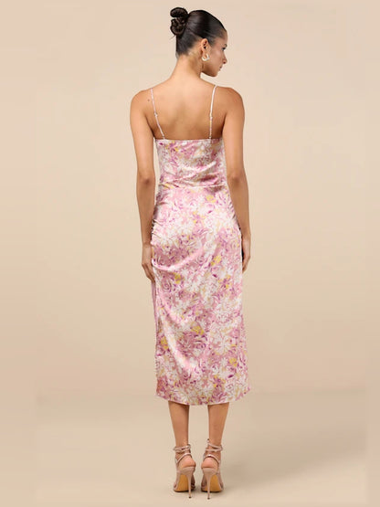 Pink Floral midi formal dress with floral print, alternate view