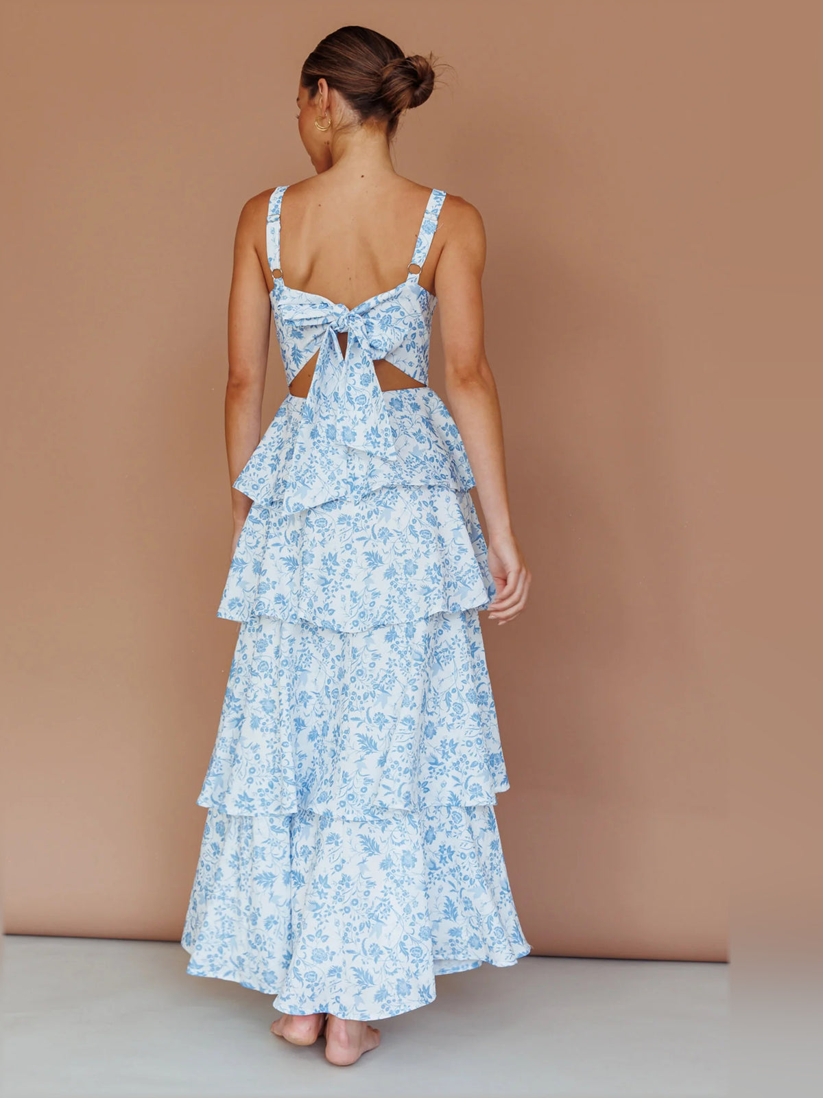 Blue midi formal dress with floral print, alternate view